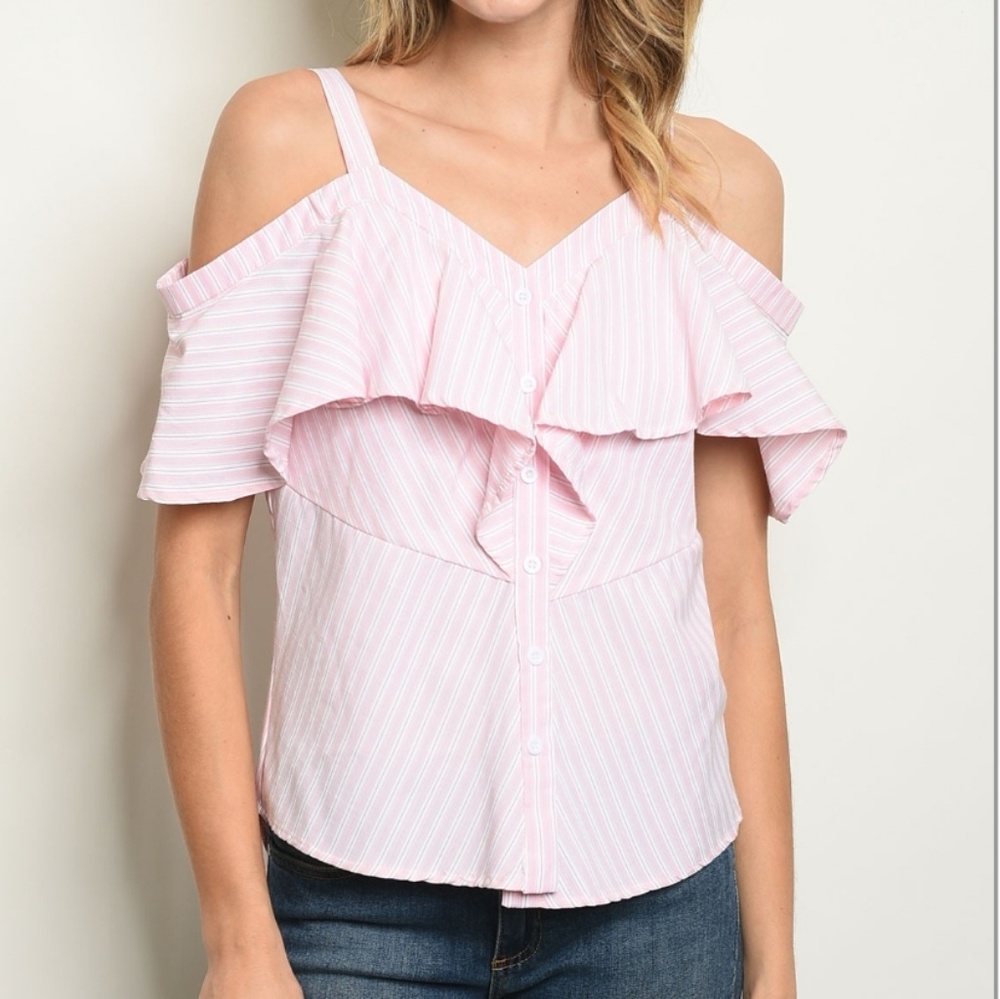 Pink/white striped cold-shoulder top